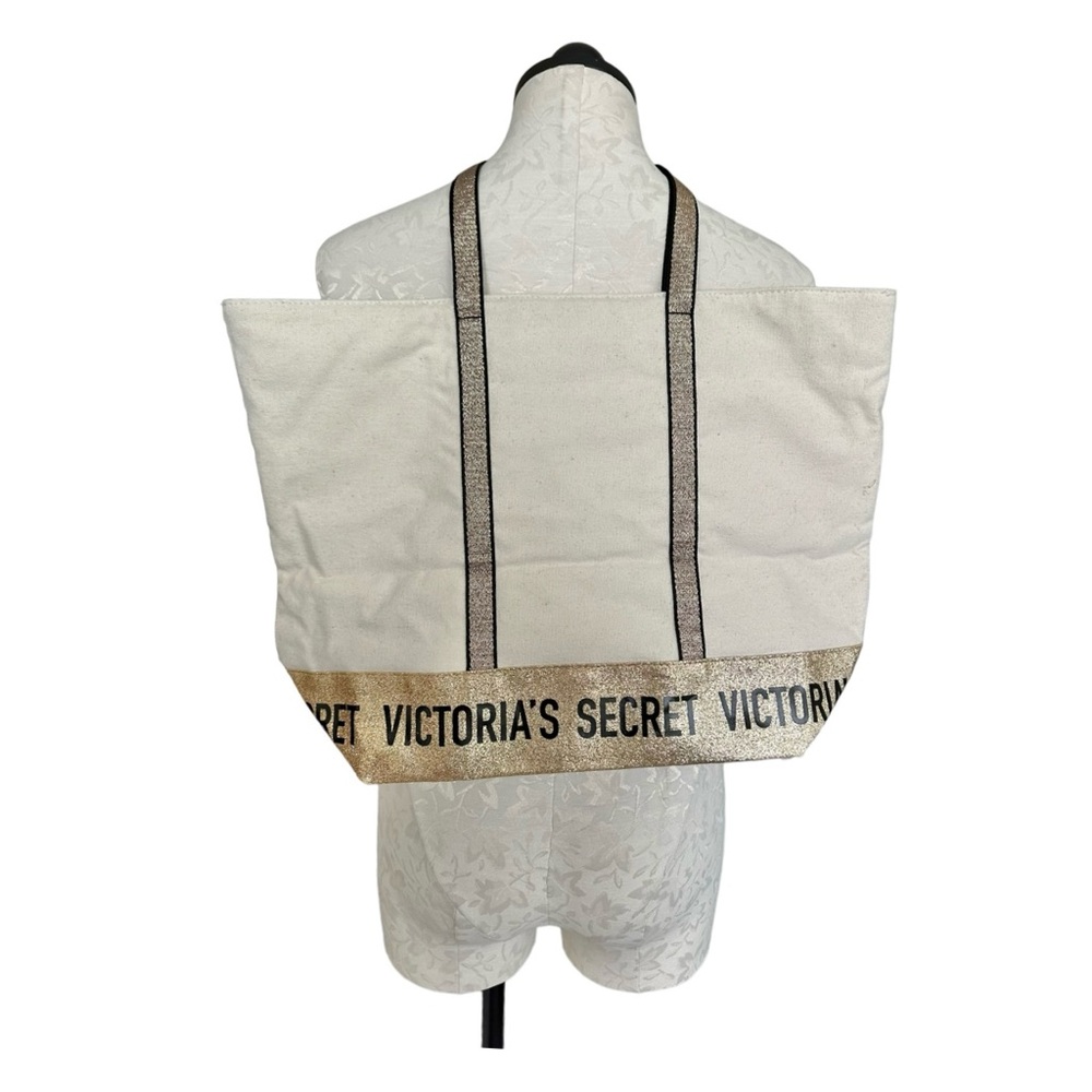 Victoria’s Secret Canvas & Gold Glitter Trim Tote Bag Zipper Top - Picture 5 of 14